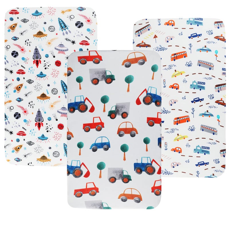 Tontukatu Pack n Play Sheet Stretchy Fitted Portable Mini Crib Sheets Set 3 Pack,Playard Sheets Convertible Playard Mattress Cover,Ultra Soft Jersey Material,Rocket Satellite,Car & Bus - Image 1